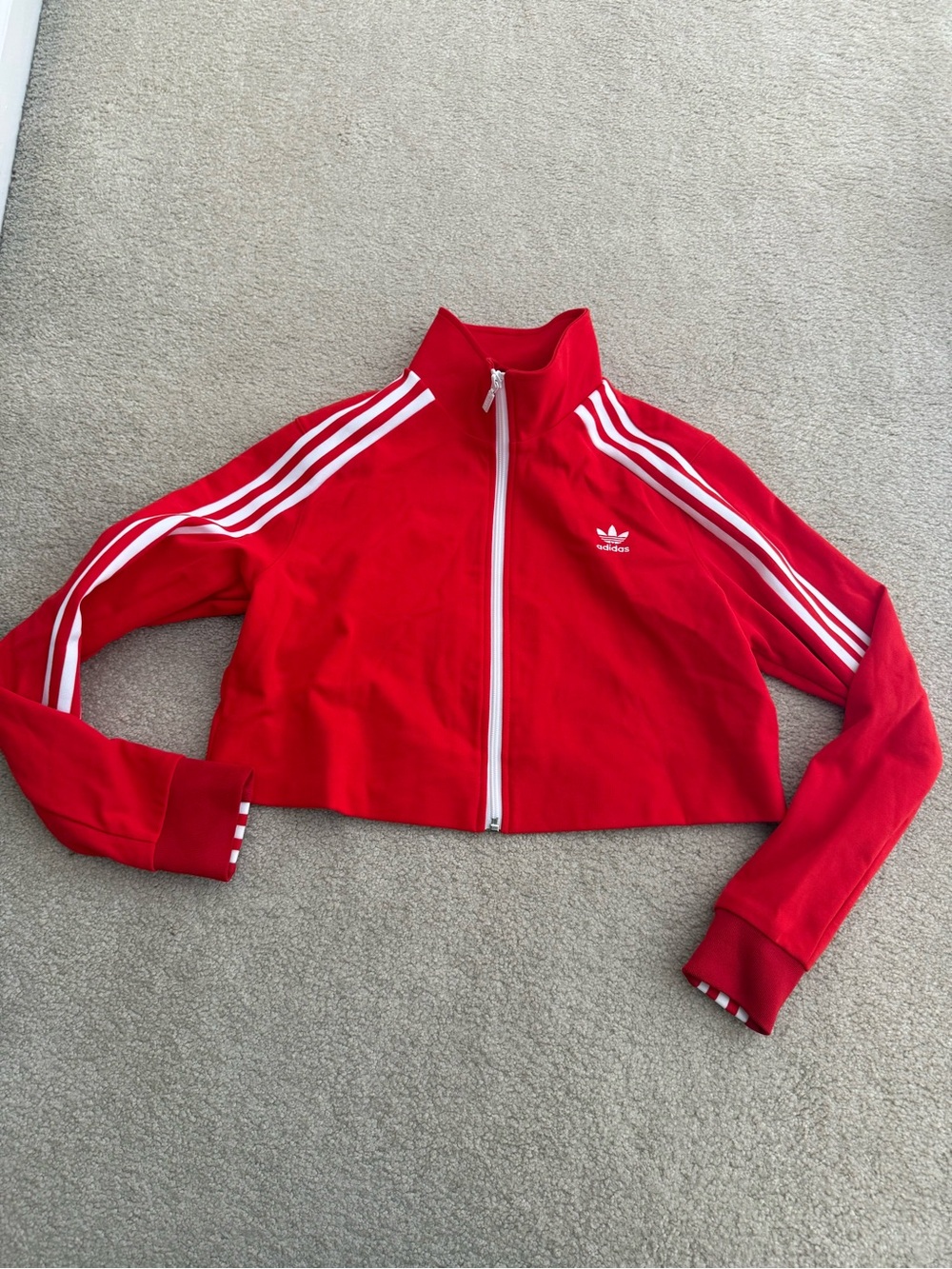 adidas Red Cropped Bomber Jacket with White Stripes